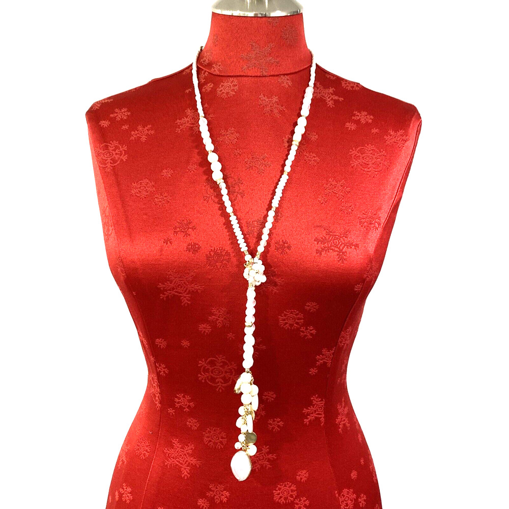 Chico’s Lariat Necklace White Crystals & Goldtone Beaded Tassels Necklace